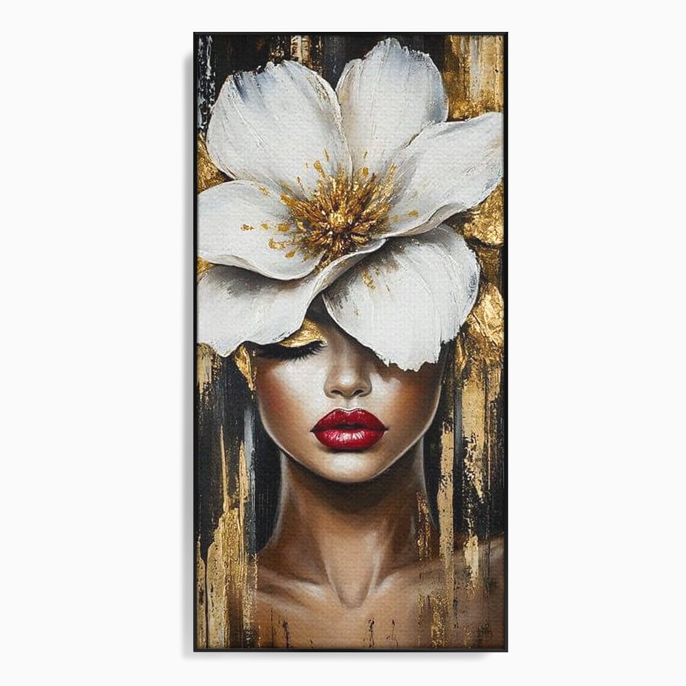 Tablou canvas cu tablou canvas cu portret de femeie si floare, in rama de aluminiu negru
